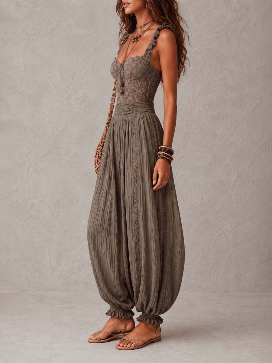 Nieves • Set composto da fascia in pizzo grigio e pantaloni harem in cotone plissettato