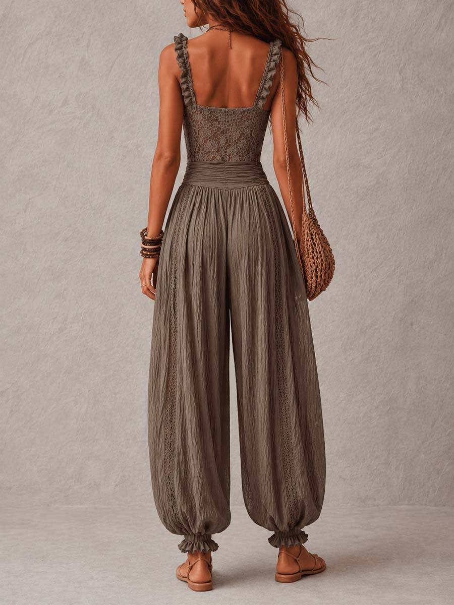 Nieves • Set composto da fascia in pizzo grigio e pantaloni harem in cotone plissettato