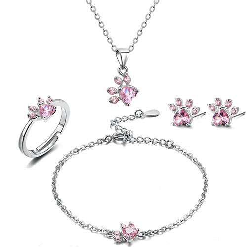 Parure de bijoux Paw pour femme – 4 pièces | Or rose avec cœur en zircone