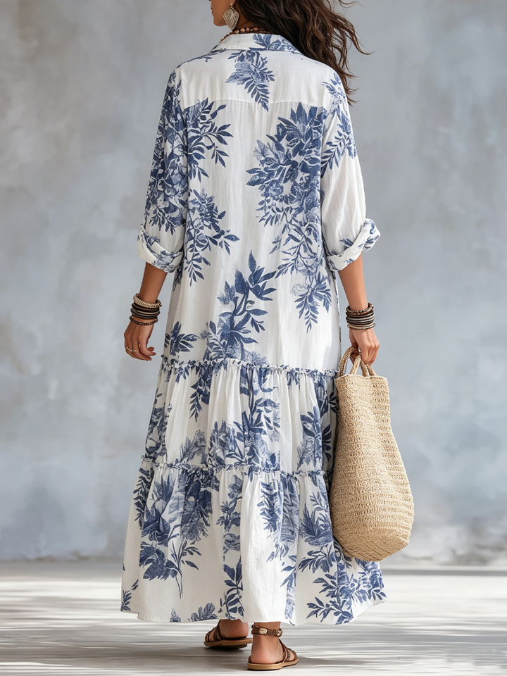 Abito lungo boho a fiori con bottoni blu