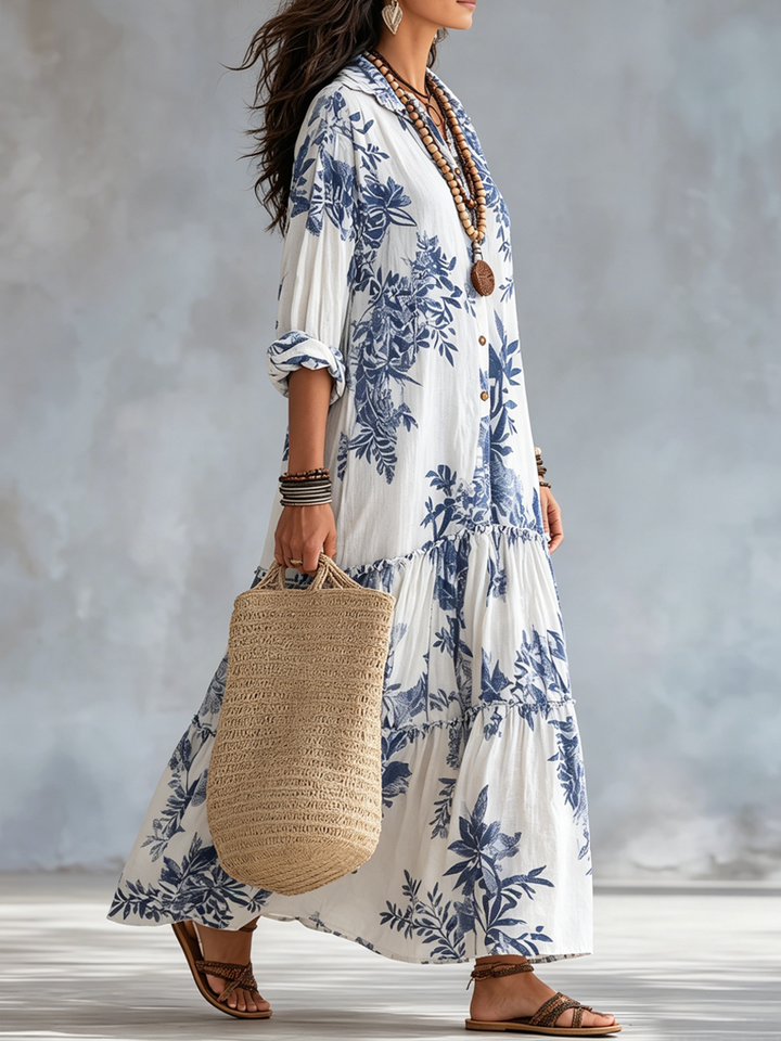 Abito lungo boho a fiori con bottoni blu