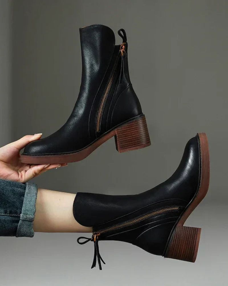 Valorine™ | Schwarze Lederstiefel mit bequemem Absatz, elegant und zeitlos