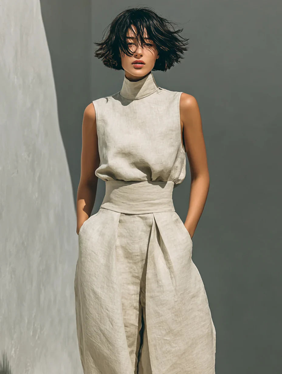Flor™ | Ensemble minimaliste pour femme composé d'un chemisier sans manches et d'un pantalon large en coton et lin