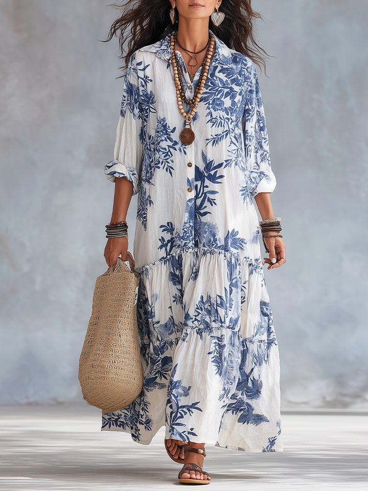 Abito lungo boho a fiori con bottoni blu