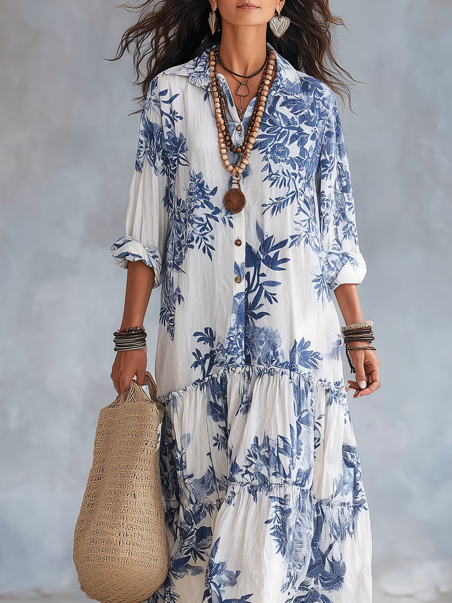Abito lungo boho a fiori con bottoni blu