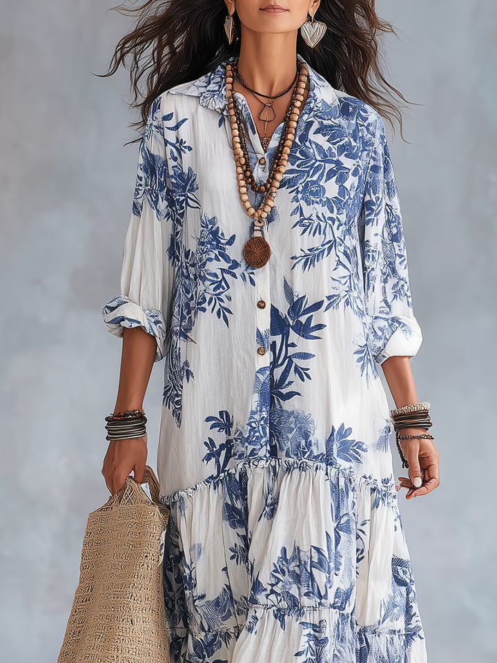Abito lungo boho a fiori con bottoni blu