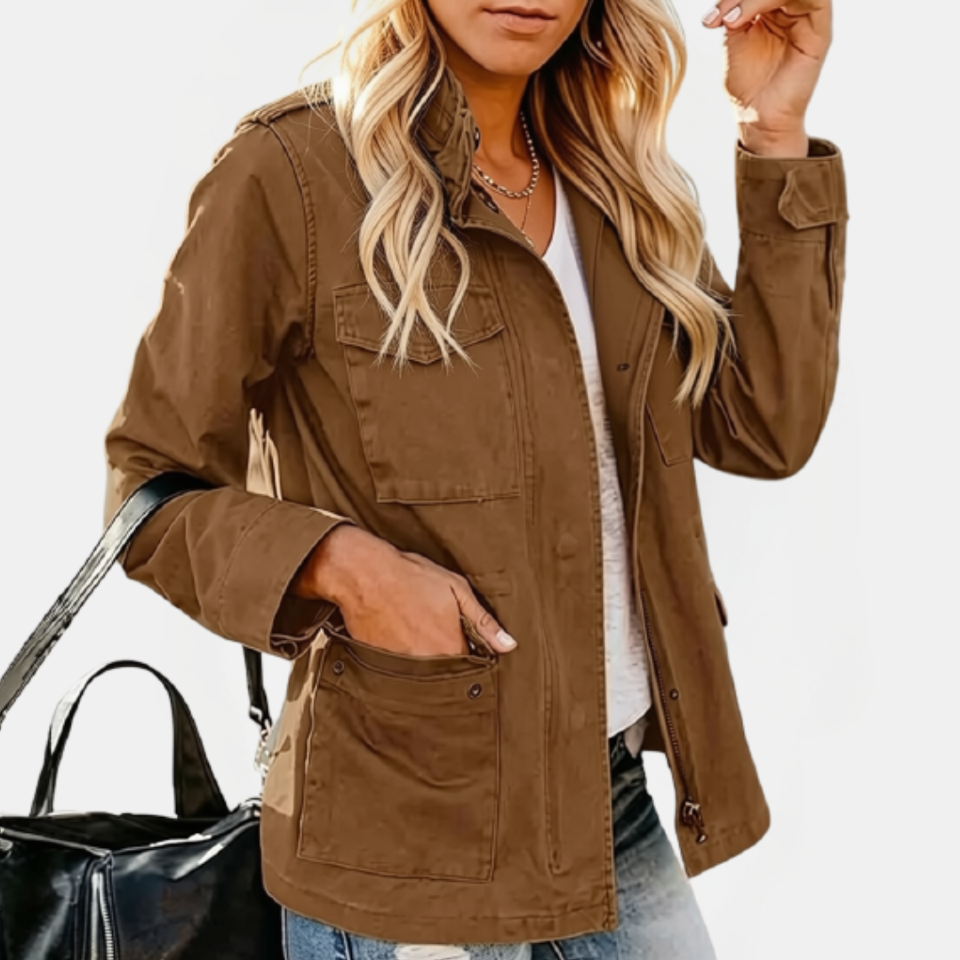 Veste cargo utilitaire pour femme avec poches multiples et cordon de serrage à la taille