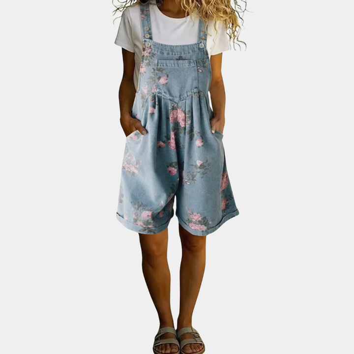 Judy | Salopette à fleurs en jean délavé vintage au toucher coton doux