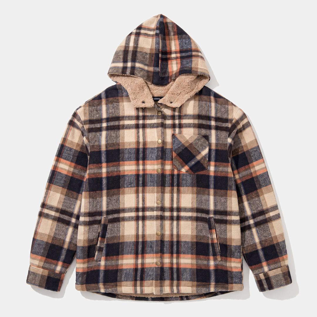 Giacca camicia da donna in flanella a quadri con cappuccio e fodera in pile