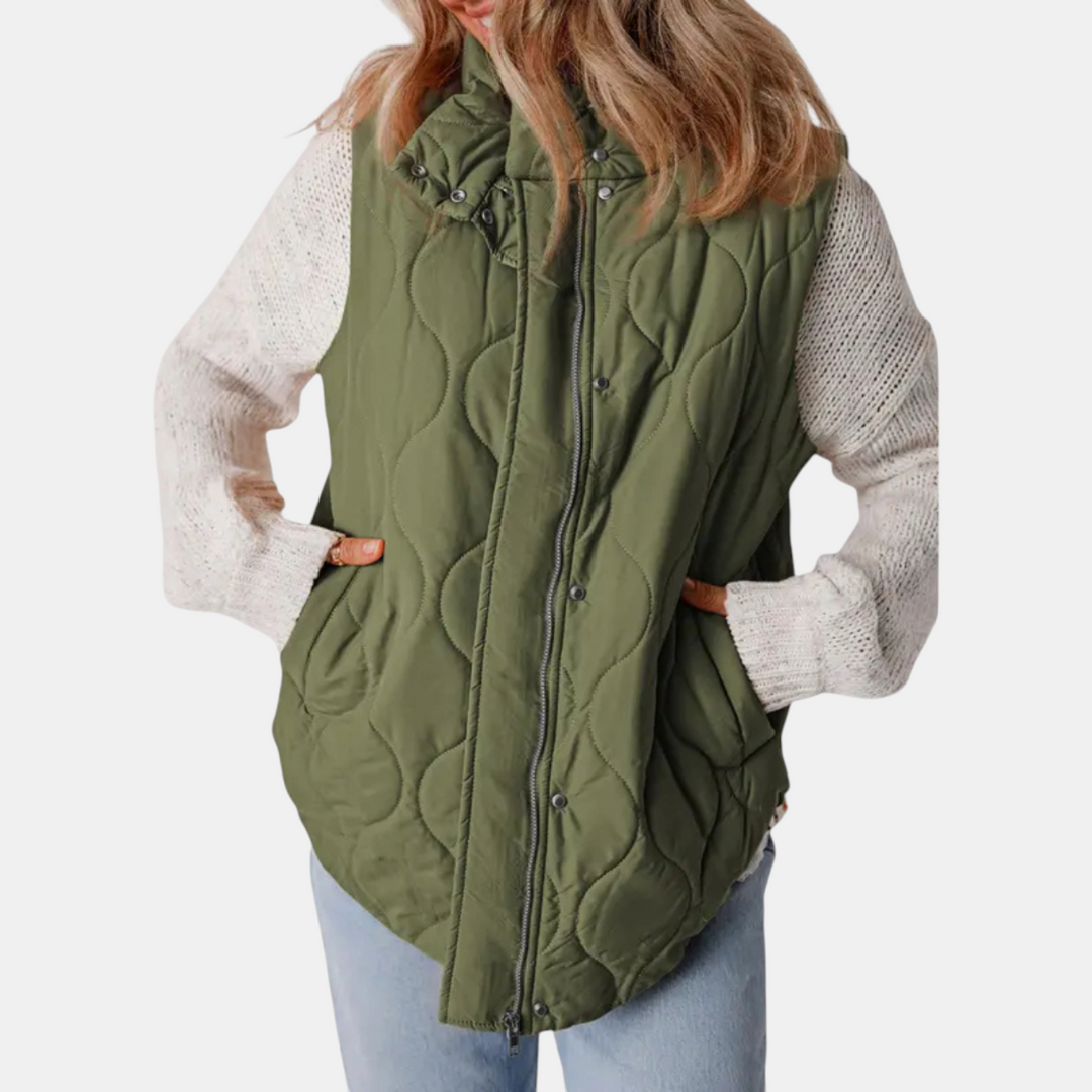 Gilet imbottito da donna Freja I, design trapuntato con cerniera e bottoni a pressione, senza maniche