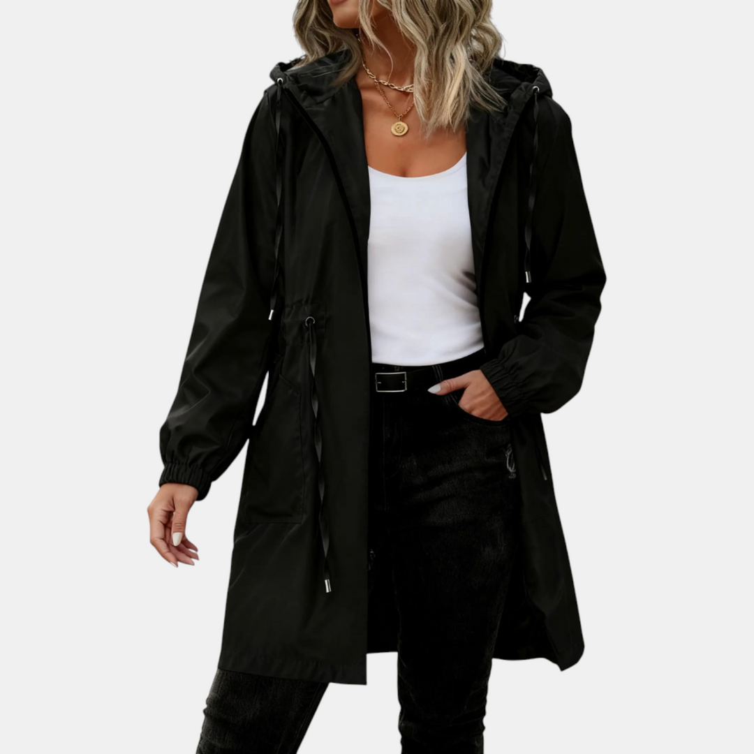 Coupe-vent pour femme avec cordon de serrage à la taille, capuche, veste longue