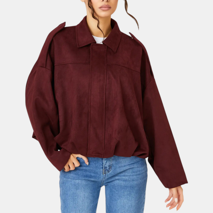 Giacca aviatore da donna in camoscio con maniche a pipistrello e orlo a blusa
