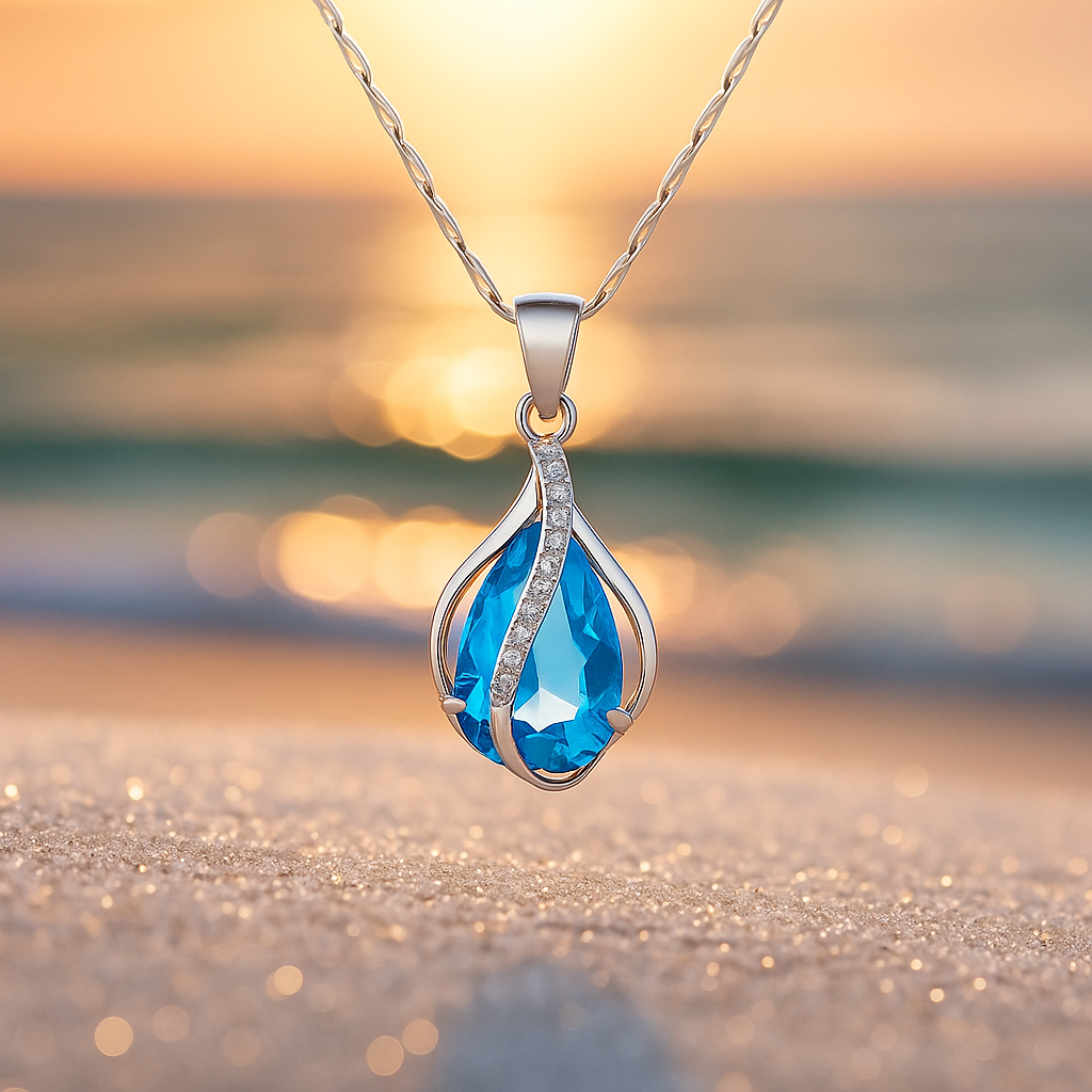 Gouttes de lumière – Collier avec zircon bleu et finition argentée