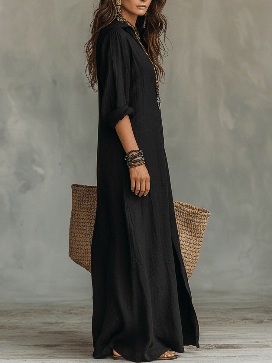 Robe longue bohème à boutons sur le devant noire