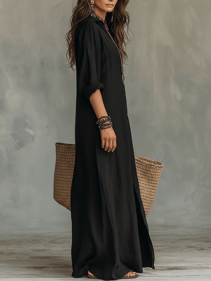 Robe longue bohème à boutons sur le devant noire