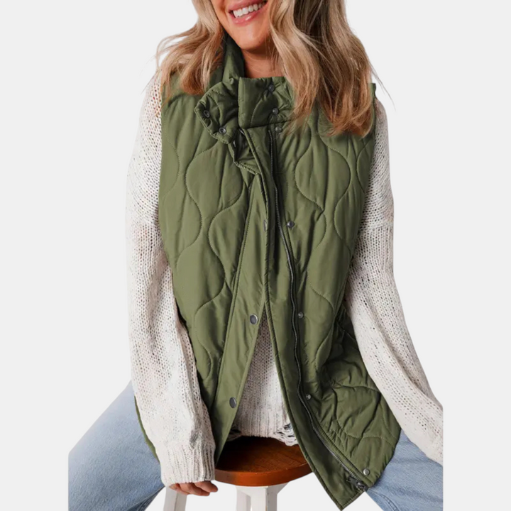 Gilet imbottito da donna Freja I, design trapuntato con cerniera e bottoni a pressione, senza maniche