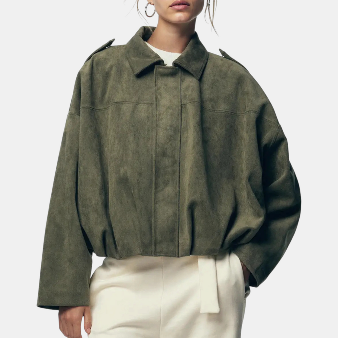 Giacca aviatore da donna in camoscio con maniche a pipistrello e orlo a blusa