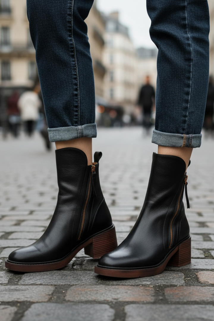 Valorine™ | Schwarze Lederstiefel mit bequemem Absatz, elegant und zeitlos