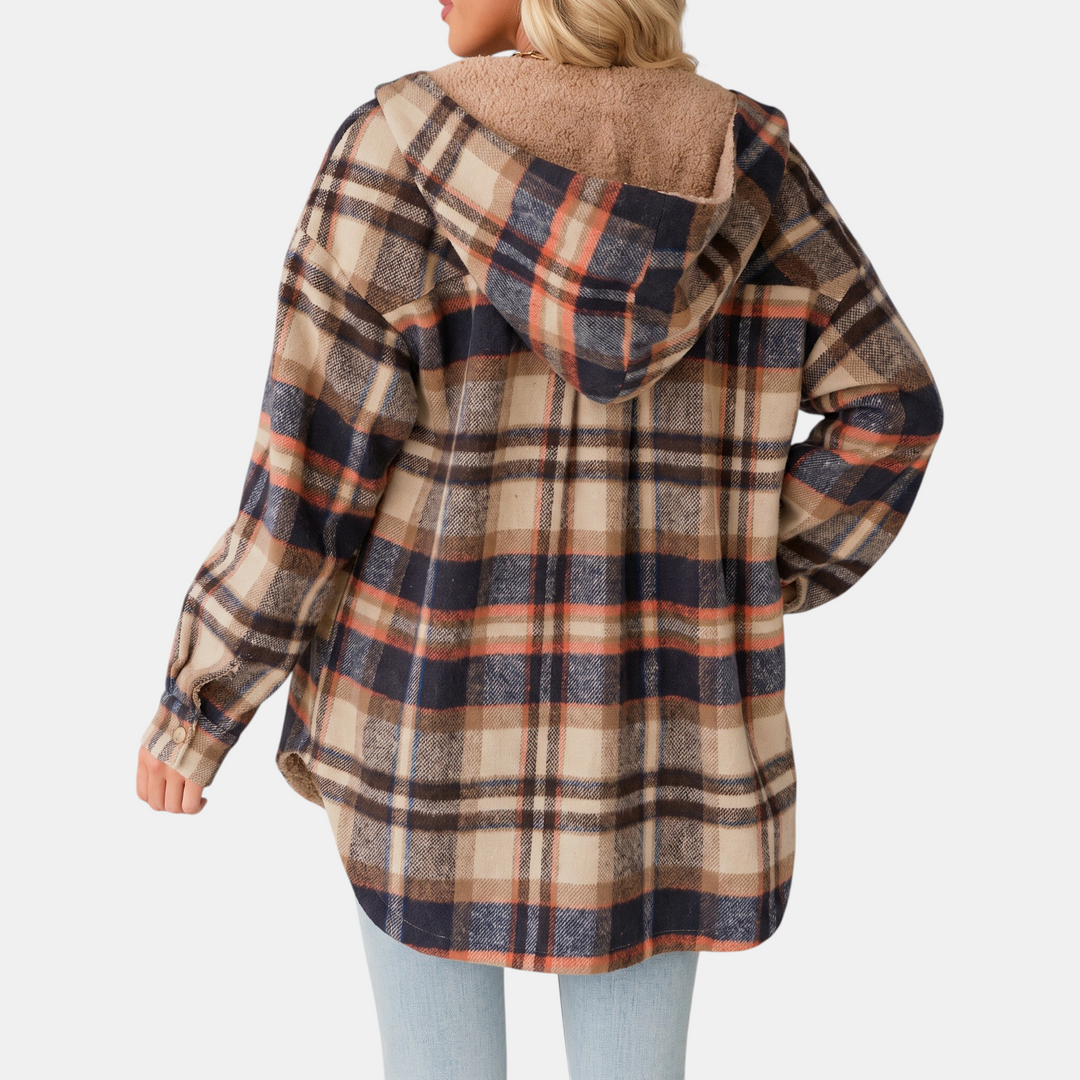 Giacca camicia da donna in flanella a quadri con cappuccio e fodera in pile