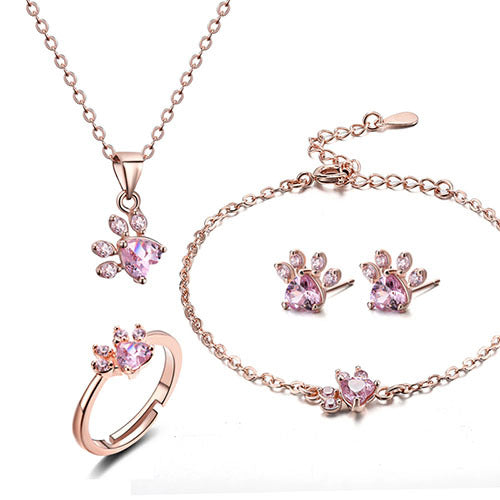 Parure de bijoux Paw pour femme – 4 pièces | Or rose avec cœur en zircone