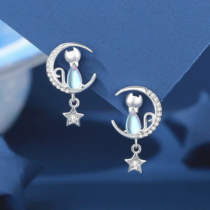 Boucles d'oreilles chat avec lune et étoile en argent sterling 925 avec zircone