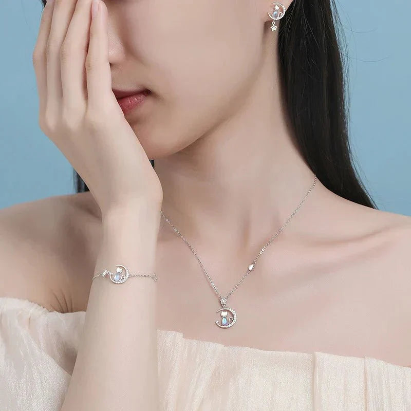 Boucles d'oreilles chat avec lune et étoile en argent sterling 925 avec zircone