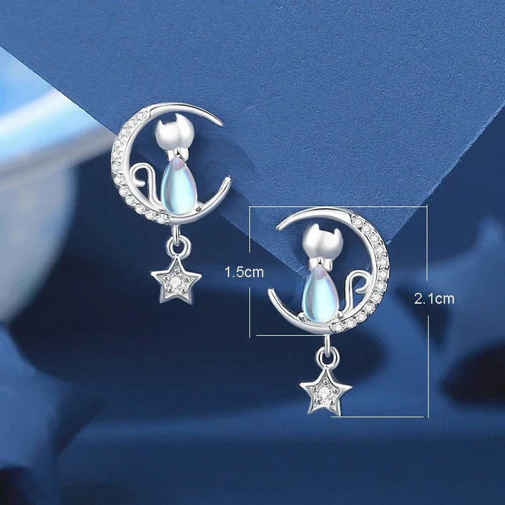 Boucles d'oreilles chat avec lune et étoile en argent sterling 925 avec zircone