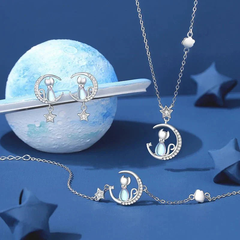 Boucles d'oreilles chat avec lune et étoile en argent sterling 925 avec zircone