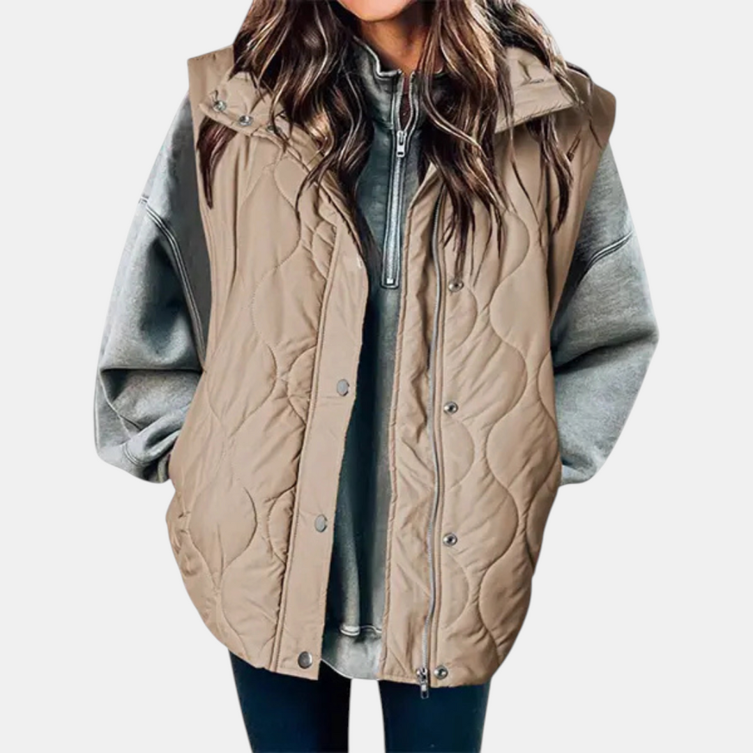 Gilet imbottito da donna Freja I, design trapuntato con cerniera e bottoni a pressione, senza maniche