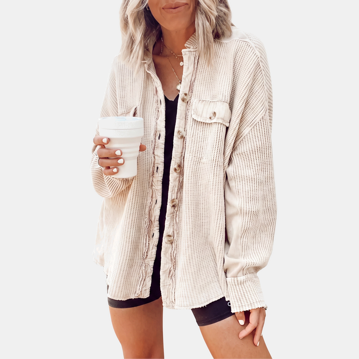 Surchemise oversize boutonnée en maille gaufrée à bord franc pour femme
