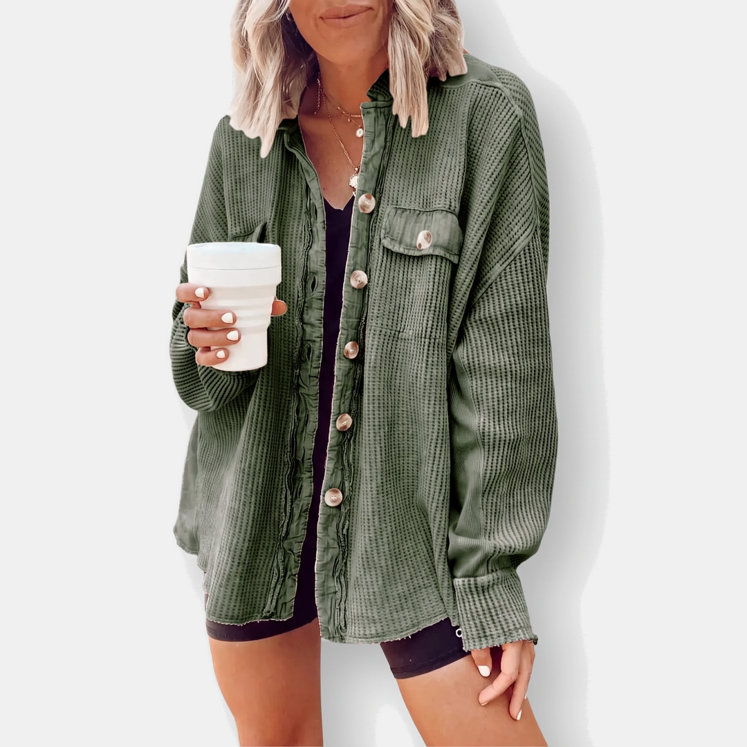 Surchemise oversize boutonnée en maille gaufrée à bord franc pour femme