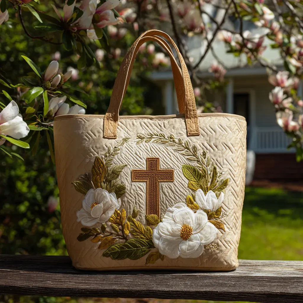 Sigrid – Gepolsterte Tote-Tasche mit besticktem Kreuzmotiv
