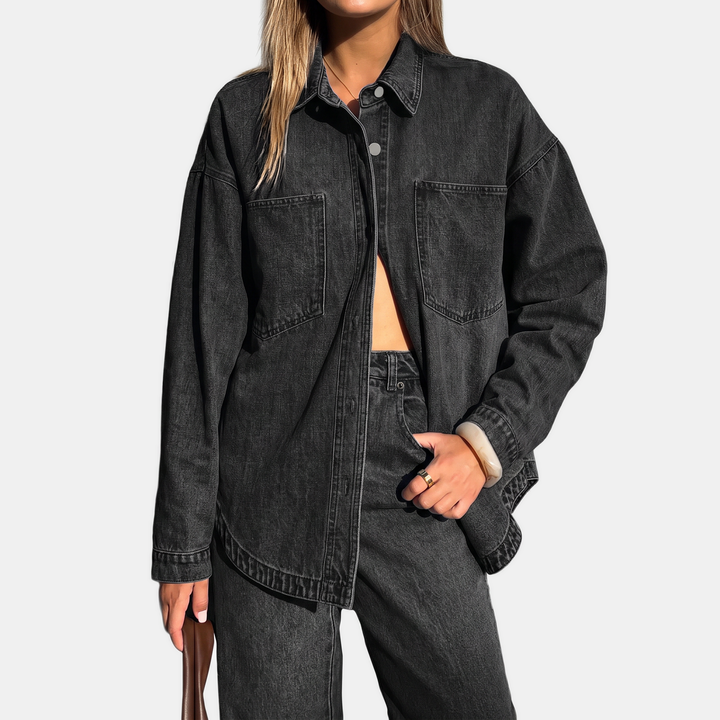 Veste en jean oversize boutonnée délavée à manches longues pour femme
