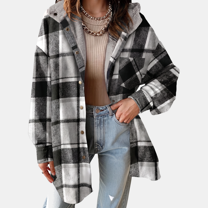 Giacca camicia da donna in flanella a quadri con cappuccio e fodera in pile