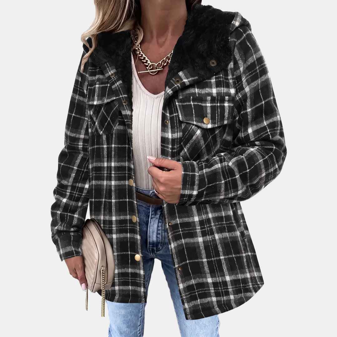 Giacca camicia da donna in flanella a quadri con cappuccio in peluche e bottoni a pressione