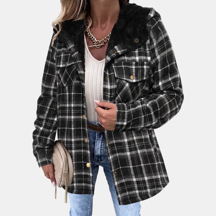 Giacca camicia da donna in flanella a quadri con cappuccio in peluche e bottoni a pressione