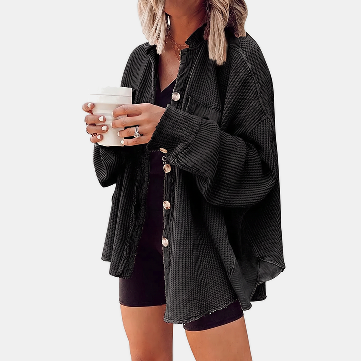 Surchemise oversize boutonnée en maille gaufrée à bord franc pour femme
