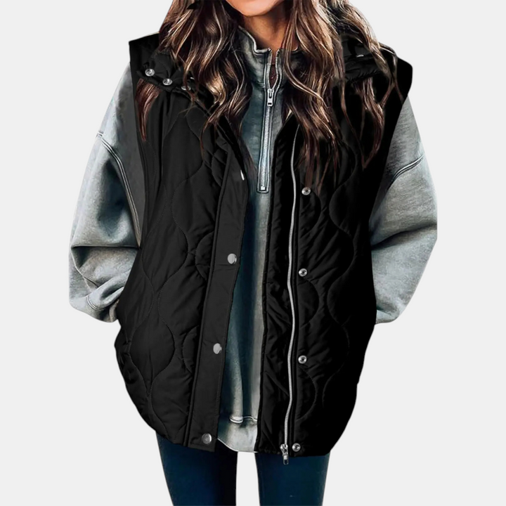 Gilet imbottito da donna Freja I, design trapuntato con cerniera e bottoni a pressione, senza maniche