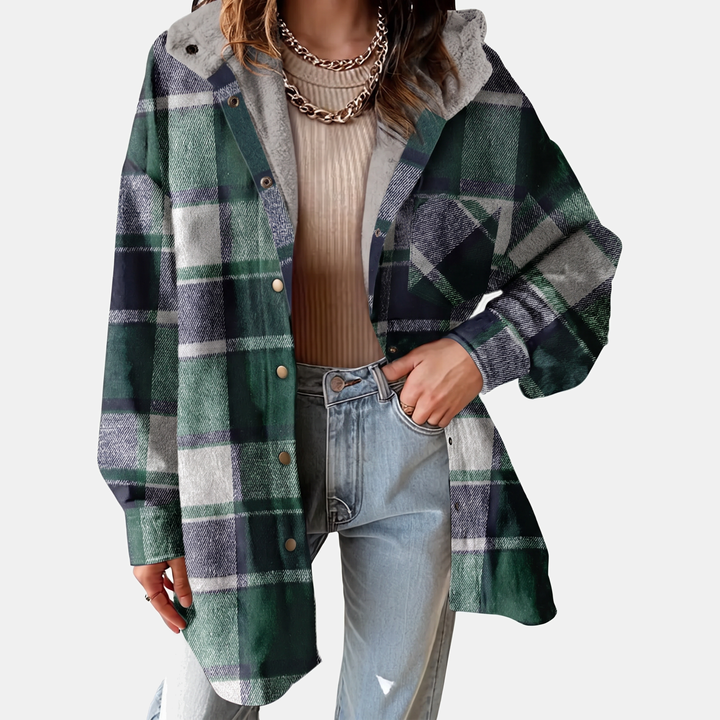 Giacca camicia da donna in flanella a quadri con cappuccio e fodera in pile