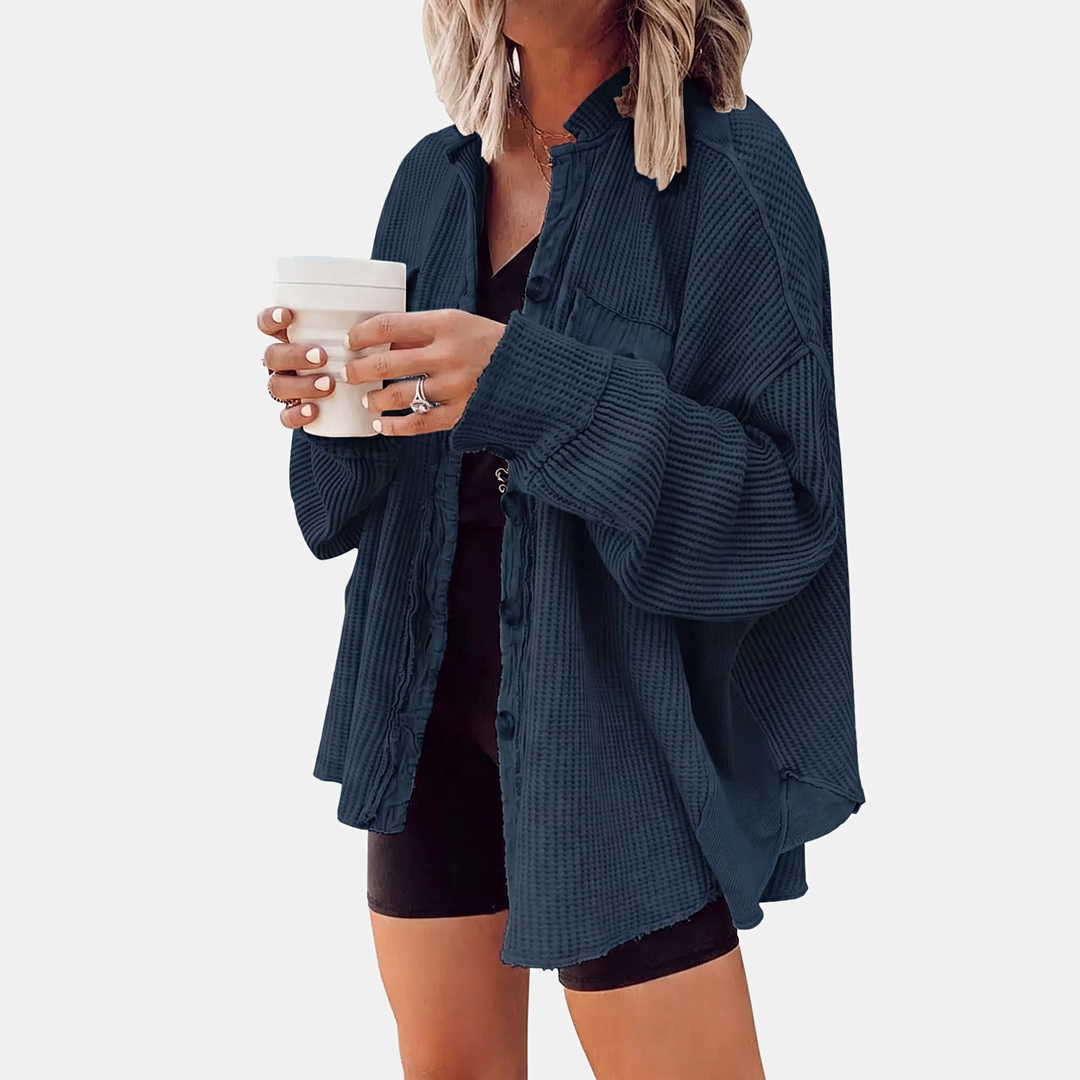 Surchemise oversize boutonnée en maille gaufrée à bord franc pour femme