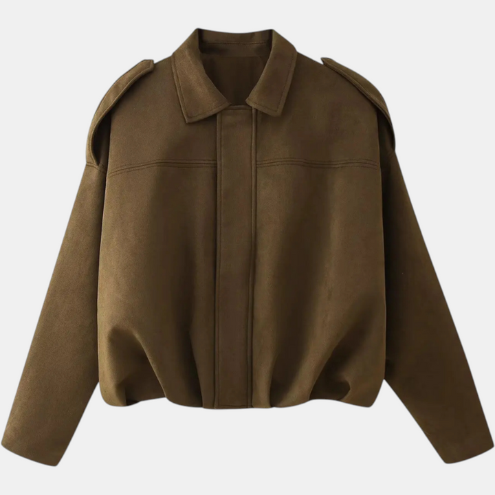 Giacca aviatore da donna in camoscio con maniche a pipistrello e orlo a blusa