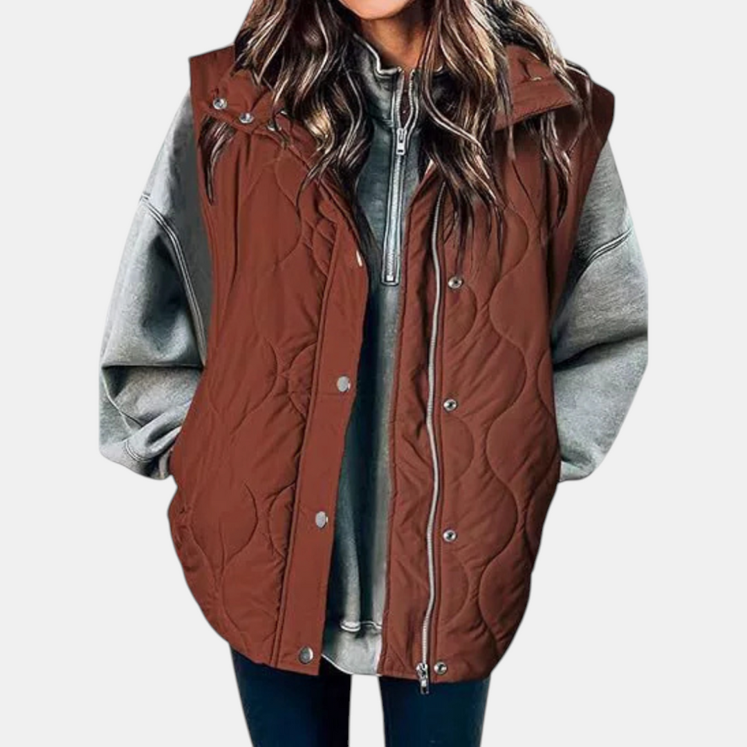Gilet imbottito da donna Freja I, design trapuntato con cerniera e bottoni a pressione, senza maniche