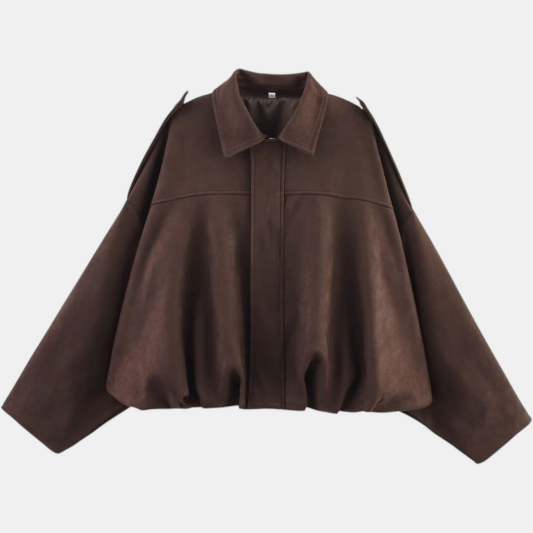 Giacca aviatore da donna in camoscio con maniche a pipistrello e orlo a blusa