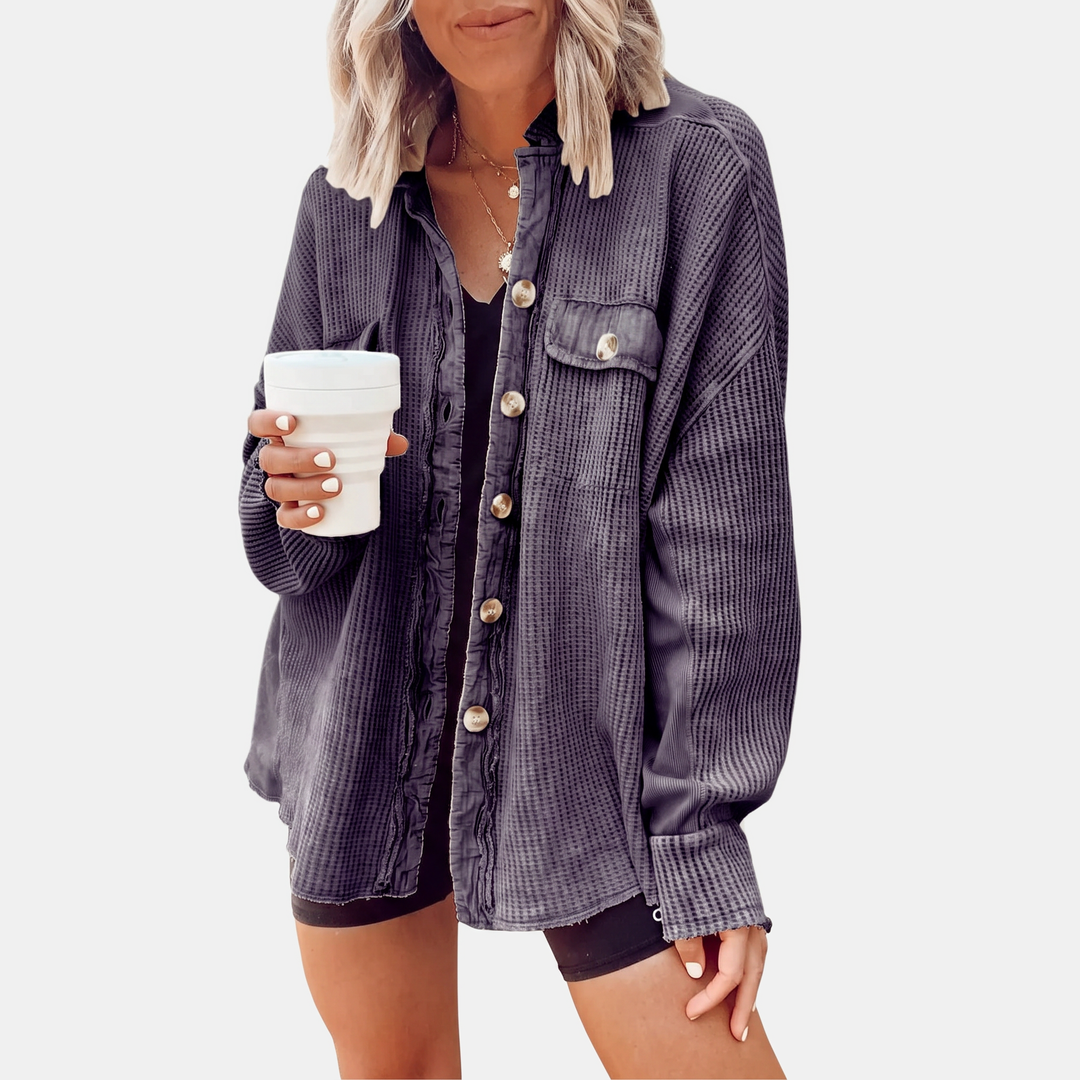 Surchemise oversize boutonnée en maille gaufrée à bord franc pour femme