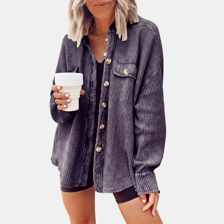 Surchemise oversize boutonnée en maille gaufrée à bord franc pour femme