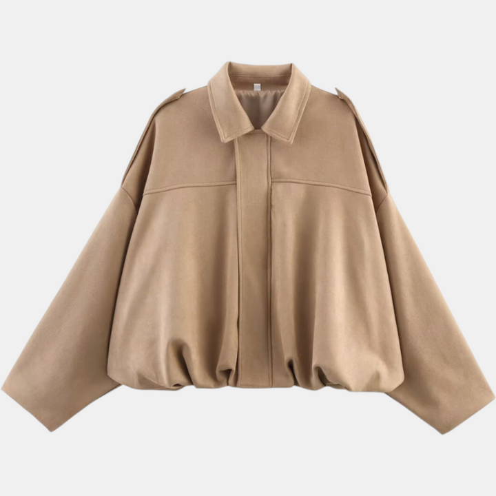 Giacca aviatore da donna in camoscio con maniche a pipistrello e orlo a blusa
