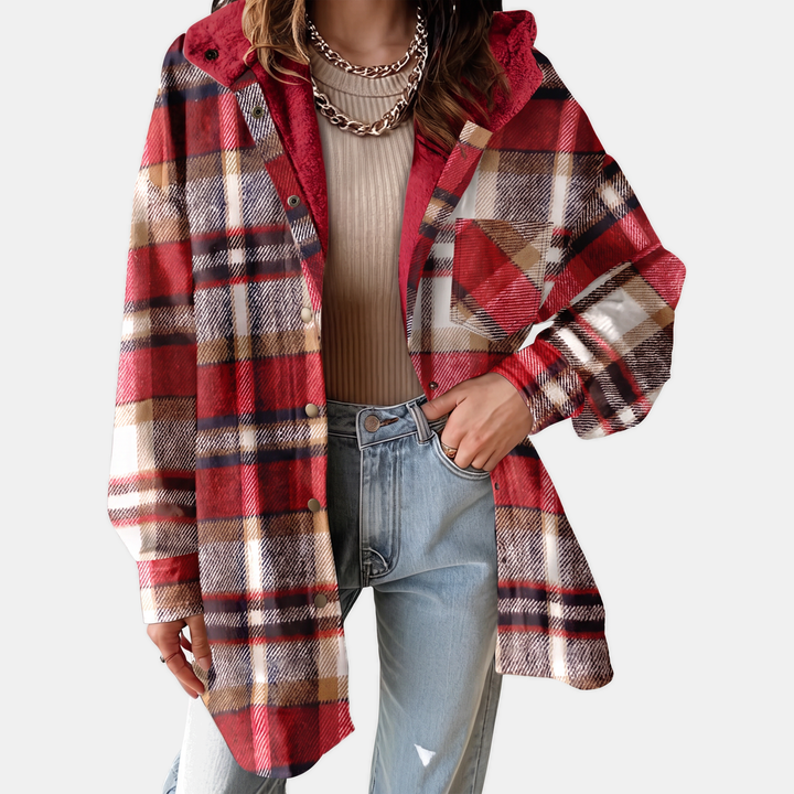 Giacca camicia da donna in flanella a quadri con cappuccio e fodera in pile