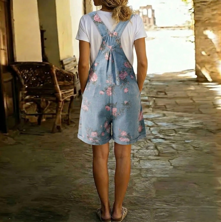 Judy | Salopette à fleurs en jean délavé vintage au toucher coton doux