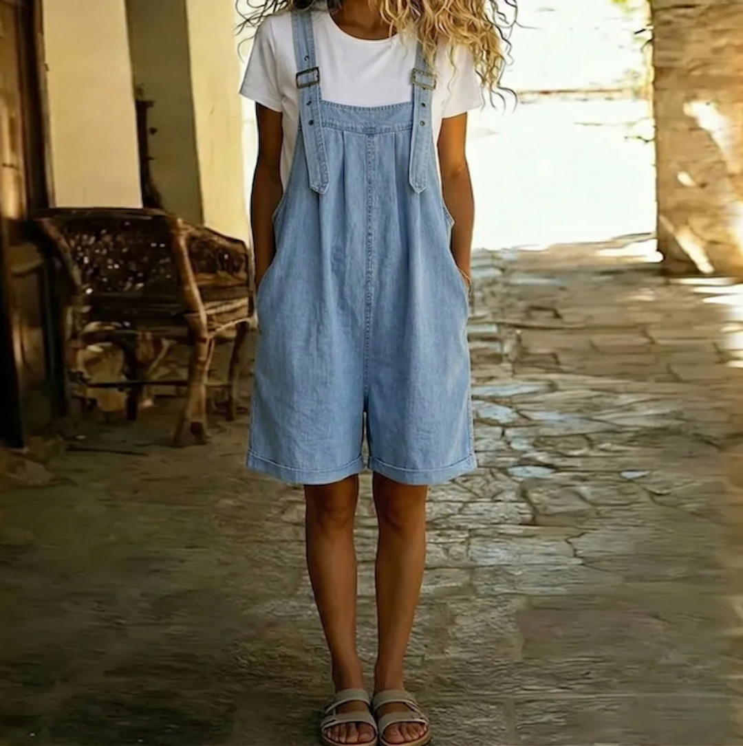Clara | Salopette en denim vintage doux et délavé bleu clair