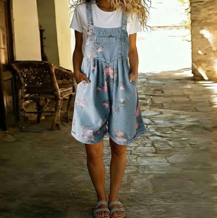 Judy | Salopette à fleurs en jean délavé vintage au toucher coton doux